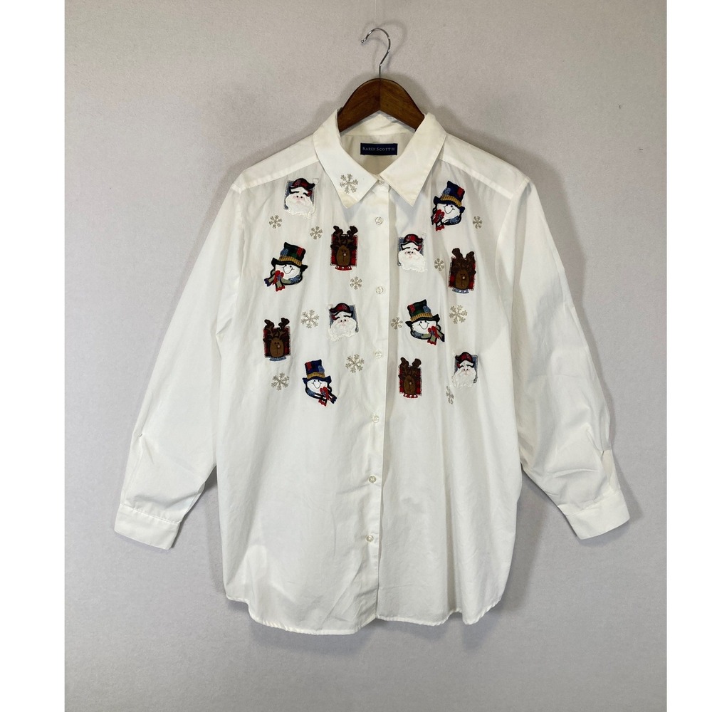 Festive Christmas Karen Scott II Women 1X White Embroidered‎ Santa Snowman Shirt